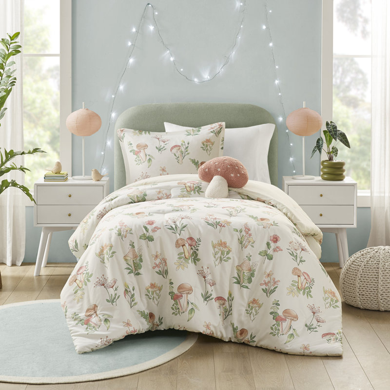 Twin Green Microfiber Mushroom Garden Comforter Set