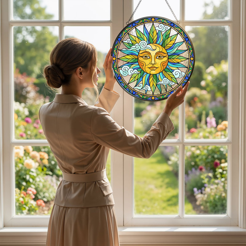Panneau de vitrail Sun Face ， 7,8H, H 7,8 po