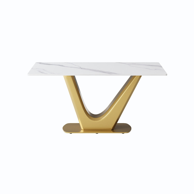 Table de salle à manger rectangulaire en pierre frittée blanche de 63 po et pieds dorés élégants en forme de V avec pieds stables pour les repas