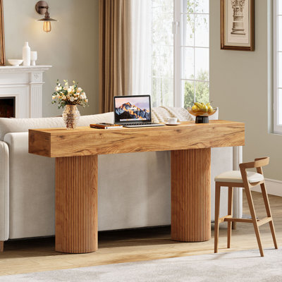 63-Inch Long Narrow Brown Wood Entryway Farmhouse Console Table Behind The Couch