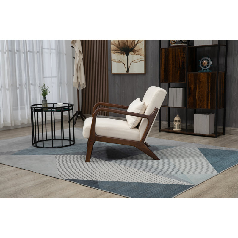 Fauteuil d'appoint moderne du milieu du siècle avec structure en bois massif, revêtement en lin et coton et coussin lombaire, blanc antique