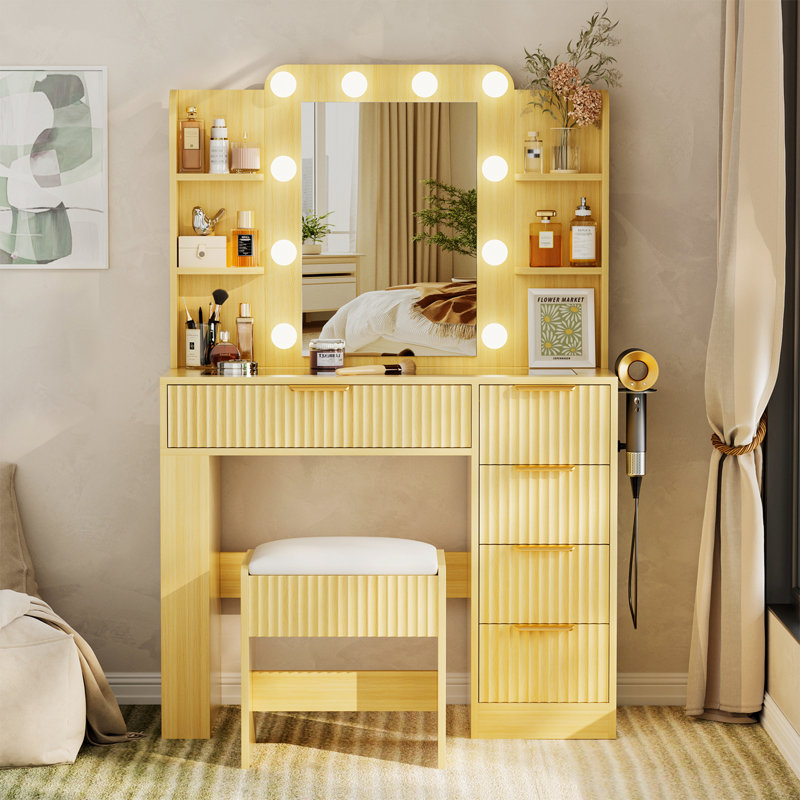 Vanity Table With Mirror And Lights, Vanity Desk And Cushioned Stool Set With Charging Station, Storage Drawers And Transparent Tabletop