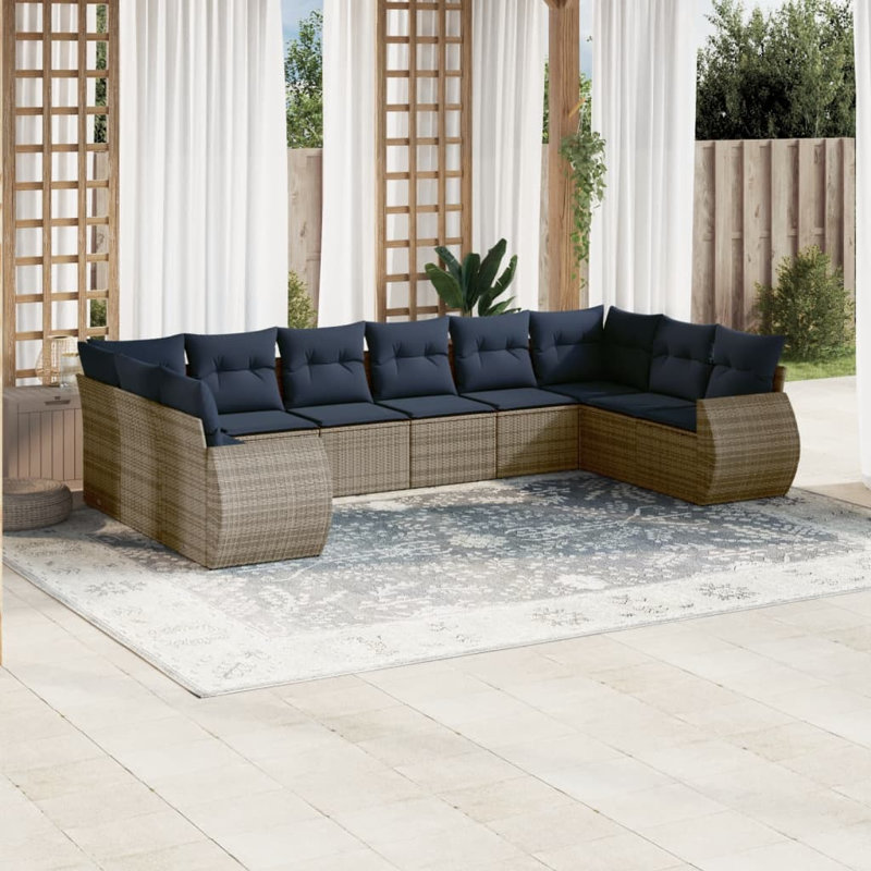 Ensemble de canapé de patio 11 pièces avec coussins en rotin de polyester, Coussin bleu marine / structure grise