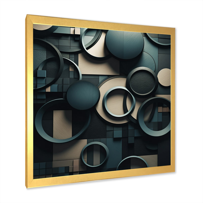 «Teal Fragmented Forms - Cubism», art mural, H 30 po x l 30 po x P 1 po, Cadre doré simple