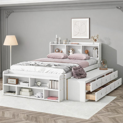 For Small Bedroom Spaces: White-Toned Solid Pine Full Size Platform Bed with Integrated Storage for Modern Homes
