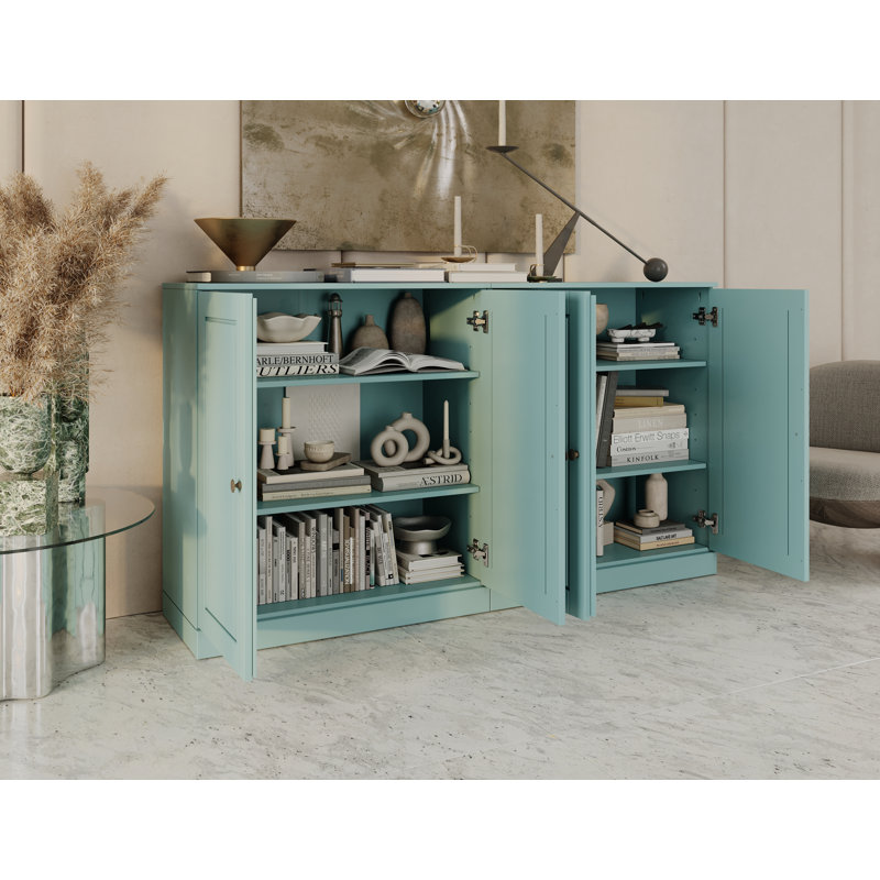 100% Solid Wood 64" Sideboard with Solid Doors, Aqua Blue
