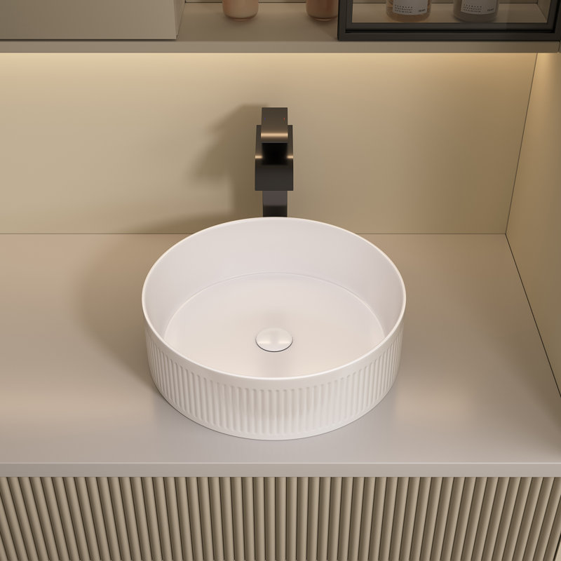 Lavabo vasque moderne en céramique pour meuble-lavabo rond, blanc brillant, 15,75 po
