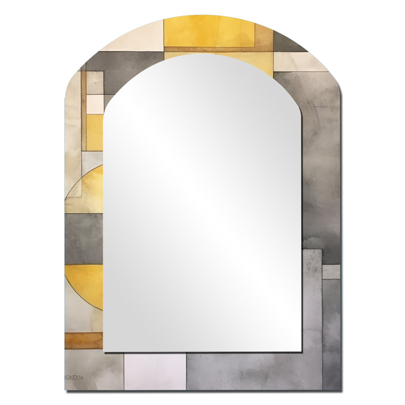 Yellow and Grey Intersecting Realities I - Abstract Shapes Asymmetrical Decorative Mirror, Modern Arch Large Wall Mirror, Printed Metal Art