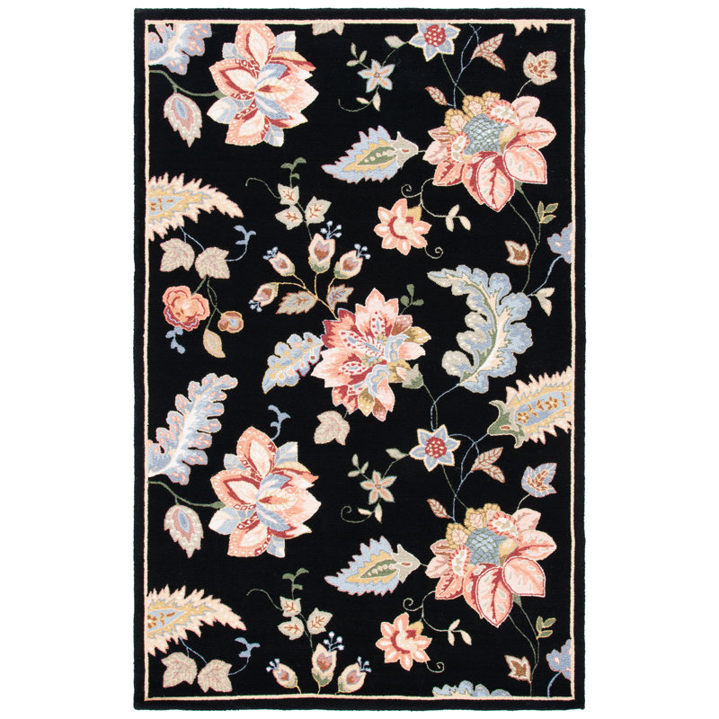 Tapis noir en laine crocheté à la main Hollander, Rectangle 5 pi 3 po x 8 pi 3 po