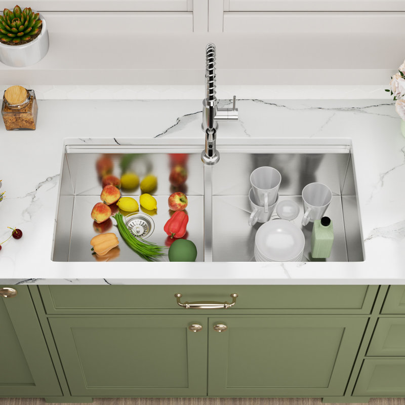 30" Undermount 50/50 Double Bowl Workstation Kitchen Sink Low Divided 10" Deep 304 Stainless Steel Kitchen Sink with Cutting Board and Colander