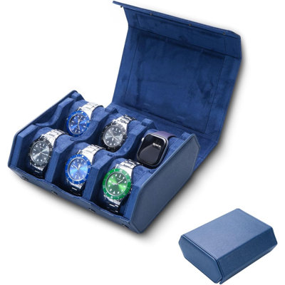 Travel Watch Case Storage PU Leather watch box Fits most men's watches with padded slots, removable pillows fit metal rubber straps, secure snap lock.(blue)