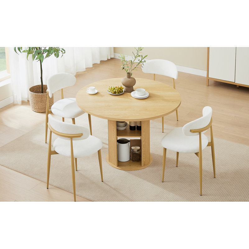 Table de salle à manger ronde avec deux chaises et une tablette de rangement, Naturel