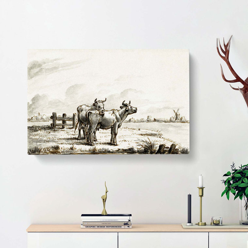 Two Cows in a Meadow by Jean Bernard - Wrapped Canvas Drawing - Wrapped Canvas, 40cm H x 60cm W x 3cm D
