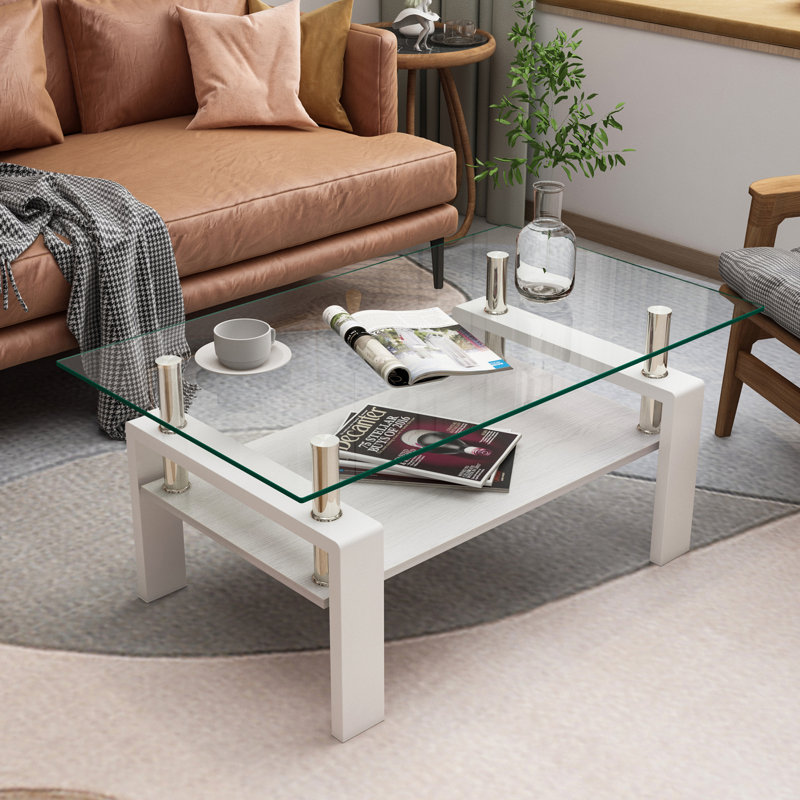 Rectangle Coffee Table With Tempered Glass Tabletop, Clear, White