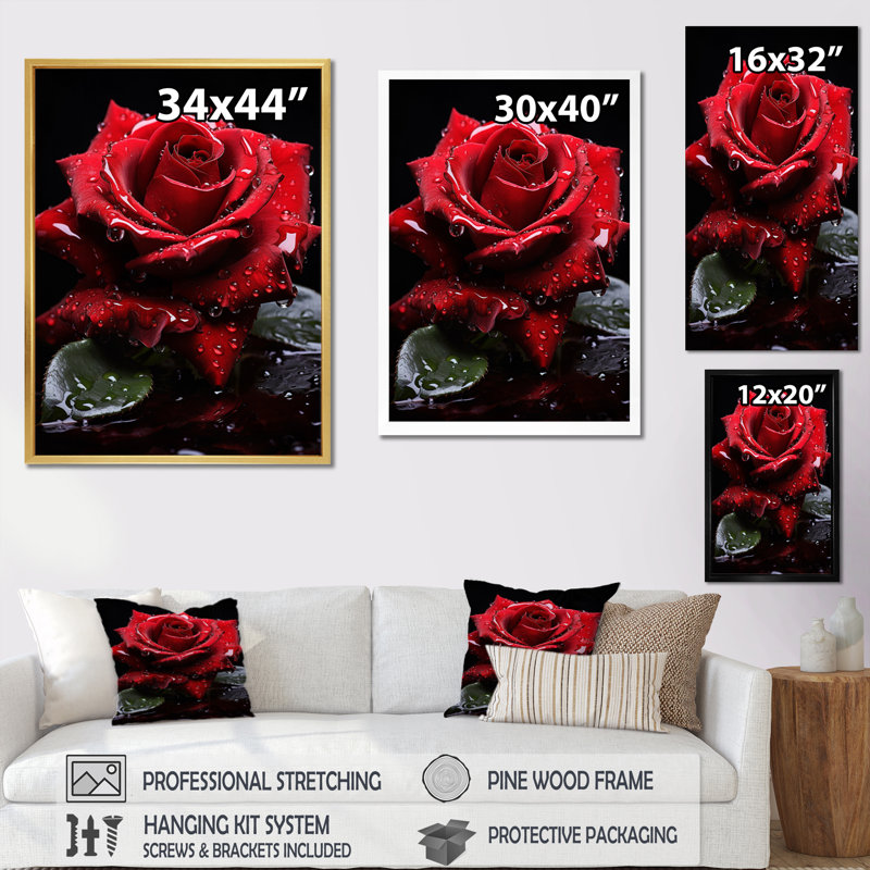 Danylo - rouge, noir, rose, élégance III - imprimé, H 32 po x l 24 po x P 1 po, Cadre flottant doré