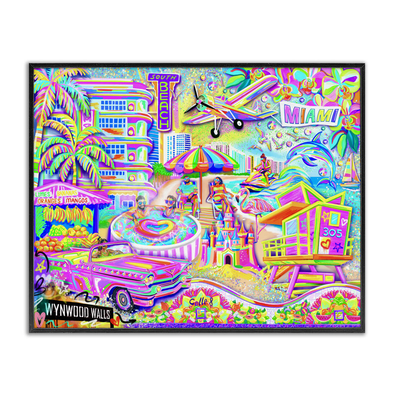 «Miami Fun Collage Giclee» par Jess Stempel, Giclée encadrée noir minuit, H 16 po x l 20 po