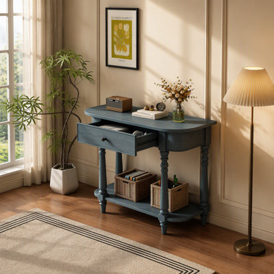 Narrow Console Table with Curved Corner, Retro Entryway Table with Top Drawer and Open Shelf, Sofa Table Console Tables for Entryway, Hallway and Livi