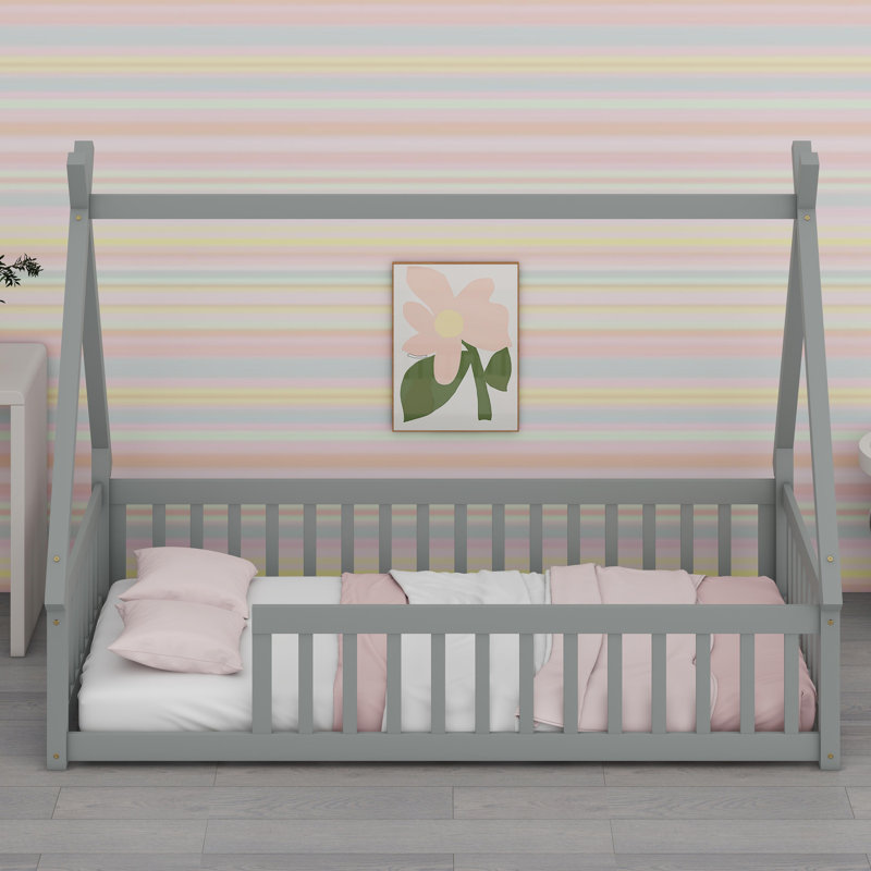 Playful  Floor Bed With Guardrails And Sturdy Slatted Base, Gray