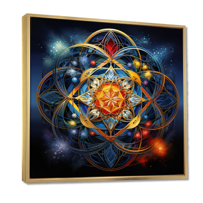 Mystère cosmique mauve - art mural Boho Mandala, Toile avec cadre flottant or, H 36 po x l 36 po x P 1,5 po