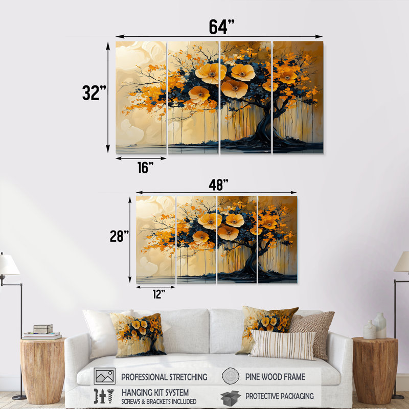 Or et bleu cerisier Silhouette III - ensemble d'art mural cerisier en fleurs, H 28 po x l 48 po