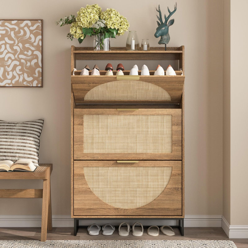 Rattan Shoe Storage Cabinet With 3 Flip Drawers