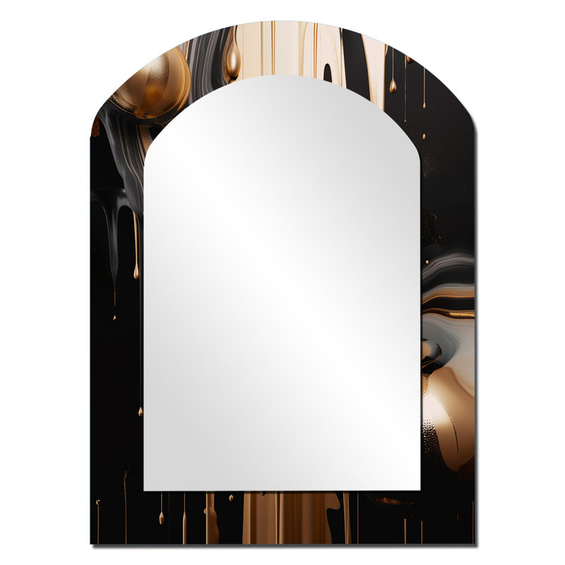 Or et noir marbré Euphoria IV - décor de miroir mural asymétrique unique en marbre, grand miroir en arc doré, impression d'art en métal
