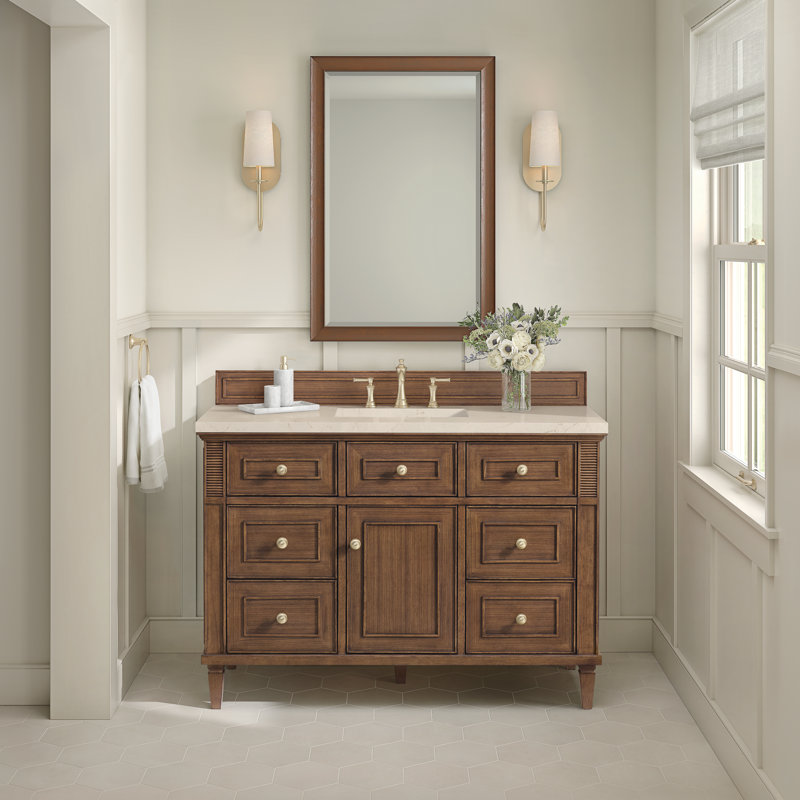 Lorelai 48'' W Single Vanity, Mid-Century Walnut, Carrara White Marble, 8" Widespread