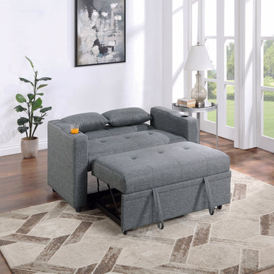 Contemporary Style Black Gray Sleeper Sofa Pillows Plush Tufted Seat 1Pc Convertible Sofa W Cup Holder Polyfiber Sofa
