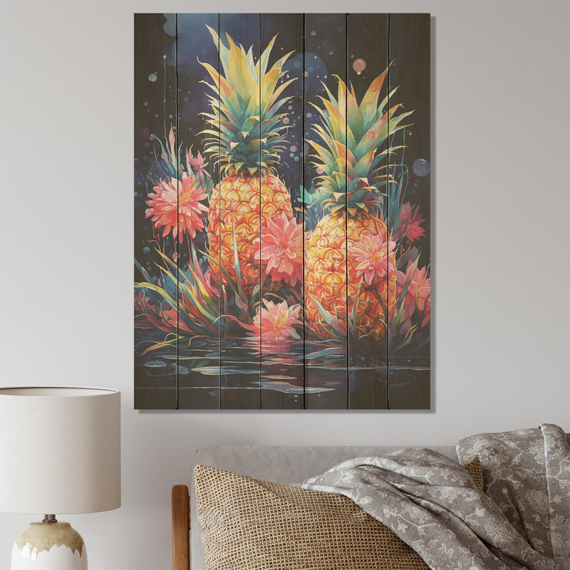 Ananas cosmique vert et jaune IV - Ananas sur bois, H 40 po x l 30 po