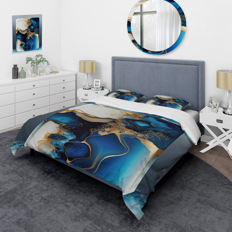Abstract Geode Gold and Blue Marble III - Ensemble de housse de couette moderne - Microfibre de polyester