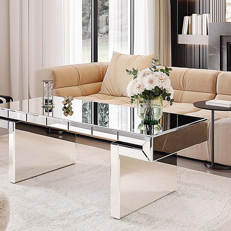 Rectangular Mirror Coffee Table with Fluted Tempered Glass