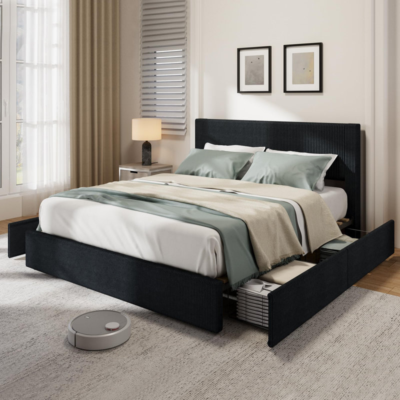 Structure de lit, structure de lit plateforme pleine grandeur avec 4 tiroirs de rangement, tête de lit tapissier en velours côtelé avec support de lattes en bois robuste, aucun sommier tapissier requis, beige