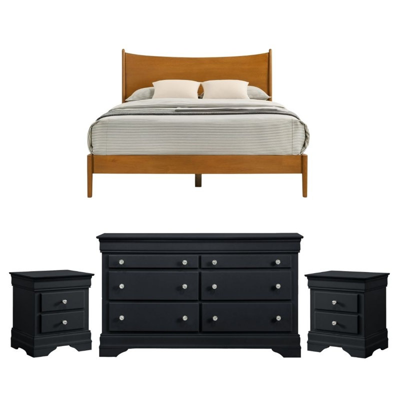 Barvelle Solid Wood 4 Piece Bedroom Set, Orange/Black, 4 Pcs: Bed, Dresser, 2 Nightstands