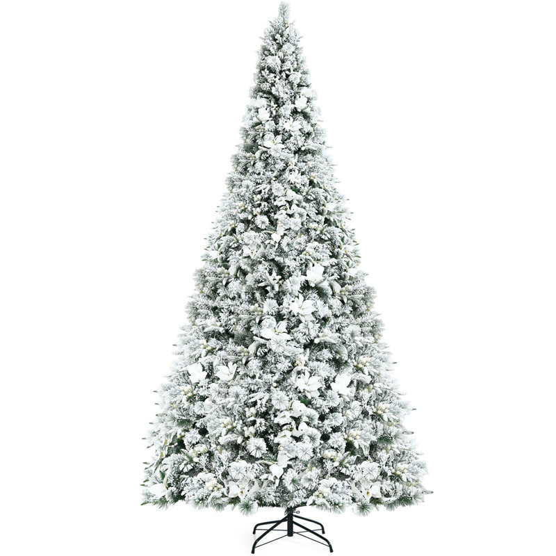 Arbre de Noël à charnière enneigé 8 baies avec baies et fleurs de poinsettia 8 pi