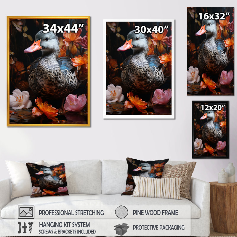 «Duck's Floral Shadow Diver» - Art mural animal canard, Cadre flottant noir, H 20 po x l 12 po x P 1 po