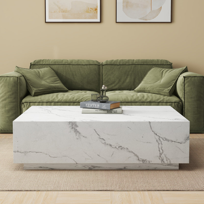 Klusek 47'' Faux Marble Modern Block Coffee Table, White/Grey
