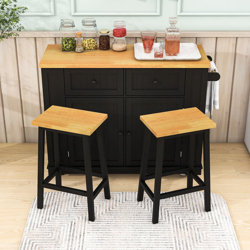 48inch Kitchen Island with 2 Bar Stools, Storage Rack and Drawers, Black