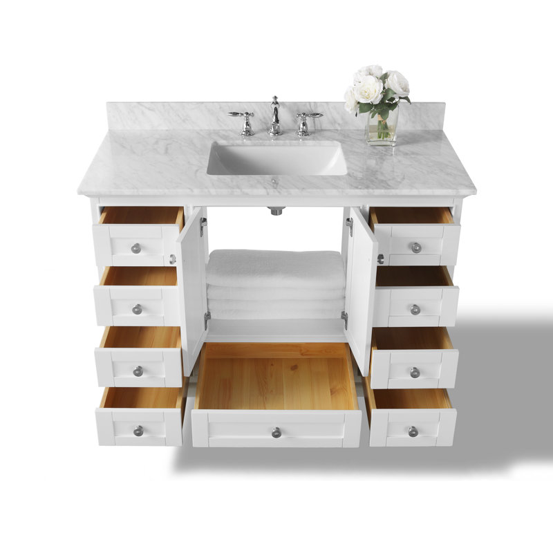 Audrey 48'' W Single Vanity, Carrara White Marble, White/Brushed Nickel