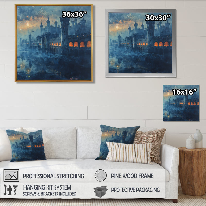 «Blue Middle Ages Castle At Night II - Fortress», art mural, Toile tendue, H 36 po x l 36 po x P 1,5 po