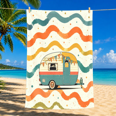 1 serviette de plage de camping rétro, avec une illustration de caravane rétro avec des motifs ondulés colorés, parfaite pour les jours, les pique-niques et les aventures en plein air, design artistique unisexe.