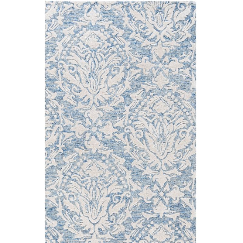 Ferrera Ikat Handmade Tufted Wool Blue / Ivory Area Rug, Rectangle 4' x 6'