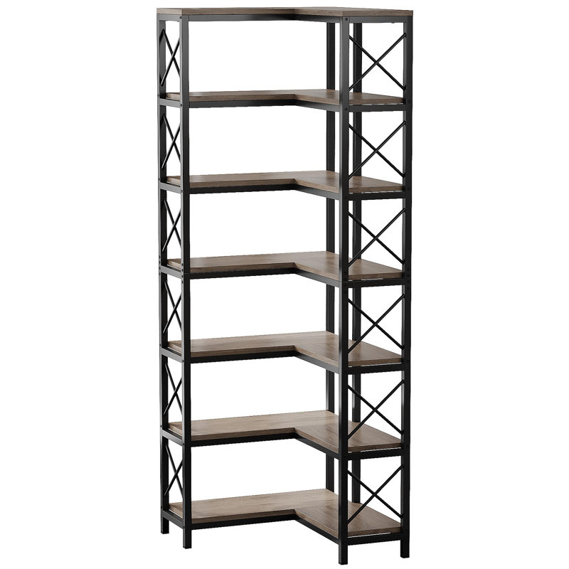 79.53" Tall 7-Tier Large Corner Bookshelf,Grey Wood & Metal Tall Storage Bookcase For Living Room Home Office, Gray