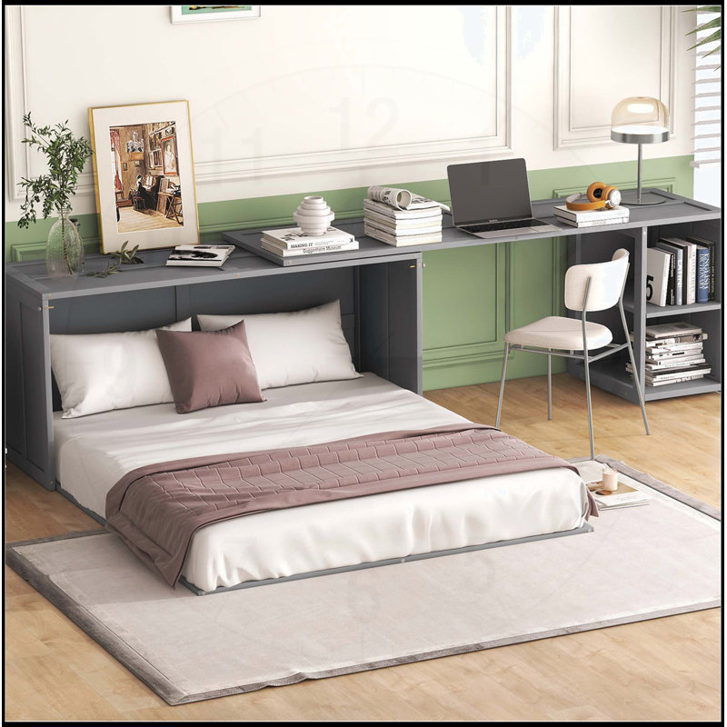 Grand lit escamotable avec bureau rotatif, gris