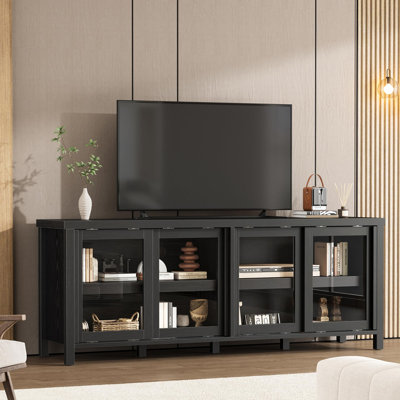 Meuble télé noir pour téléviseur de 65 po ou moins - Console média avec armoire de rangement et 4 portes coulissantes en verre pour le salon ou la chambre à coucher