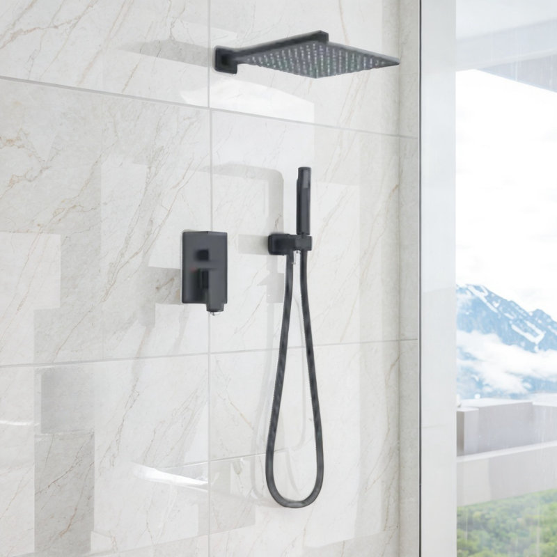 Rainfall Shower Faucet Set with High Pressure 10 inch Shower Head Hand Held Square Shower Head, Matte Black