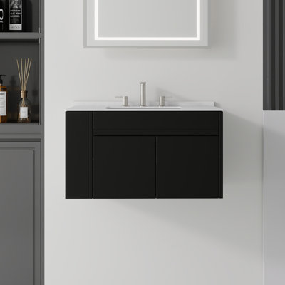 Meuble-lavabo flottant avec lavabo, avec porte à fermeture en douceur, comptoir en marbre de Carrare, contreplaqué, noir