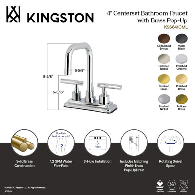 Kingston Brass Manhattan Two-Handle 3-Hole Deck Mount 4" Centerset Bathroom Faucet with Brass Pop-Up