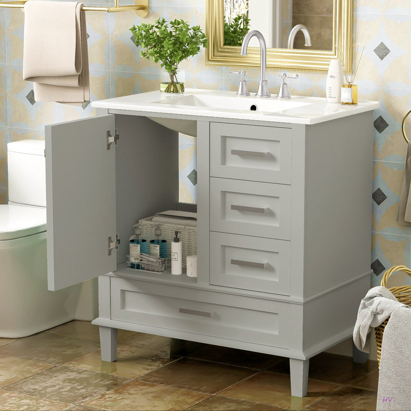 Ensemble de meuble-lavabo moderne avec lavabo 30 po, meuble-lavabo moderne avec porte à fermeture douce et 3 tiroirs, structure en bois massif