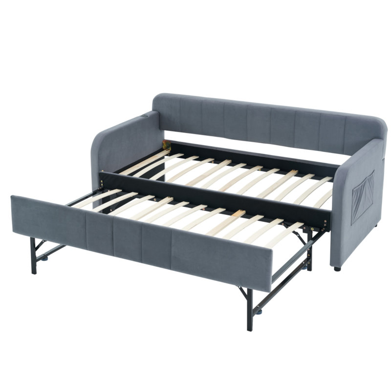Double Size Upholstered Daybed Frame with Pull Out Trundle Bed, Slatted Sofa Bed with Side Storage Pocket for Guest Room Living Room