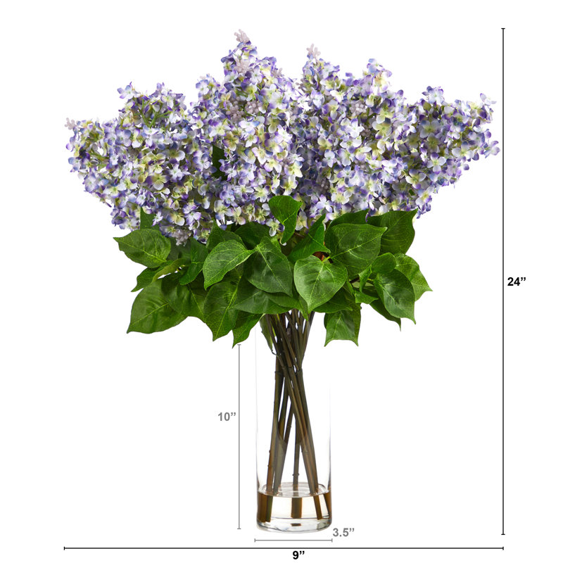 Elegant Purple Lilac Faux Arrangement in Glass Vase